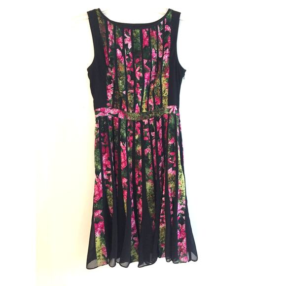Adrianna Papell Black & Pink with Floral Chiffon Texture Sleeveless Dress Size 2 - Picture 2 of 10
